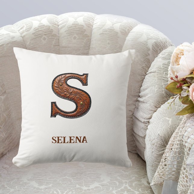 Tooled Western Leather Initial Monogram S Throw Pillow (Creator Uploaded)