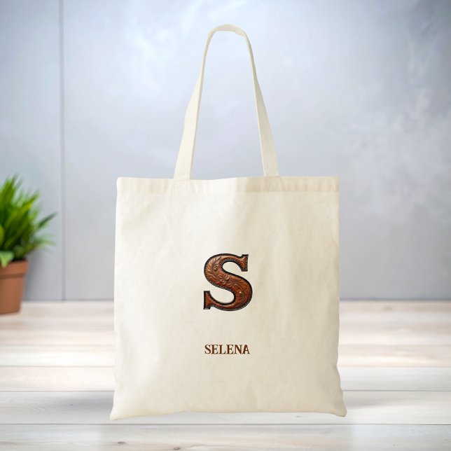 Tooled Western Leather Initial Monogram S Tote Bag (Creator Uploaded)