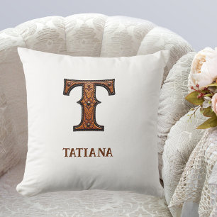 Tooled Western Leather Initial Monogram T Throw Pillow