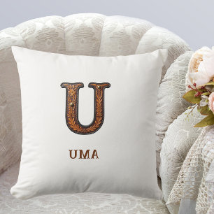 Tooled Western Leather Initial Monogram U Throw Pillow