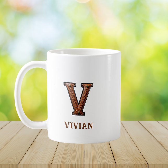 Tooled Western Leather Initial Monogram V Coffee Mug (Creator Uploaded)