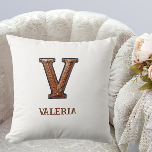 Tooled Western Leather Initial Monogram V Throw Pillow