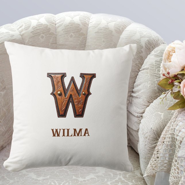 Tooled Western Leather Initial Monogram W Throw Pillow (Creator Uploaded)