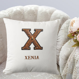 Tooled Western Leather Initial Monogram X Throw Pillow
