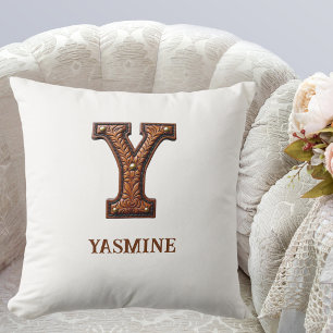 Tooled Western Leather Initial Monogram Y Throw Pillow