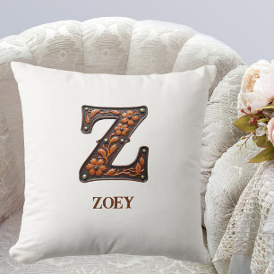 Tooled Western Leather Initial Monogram Z Throw Pillow