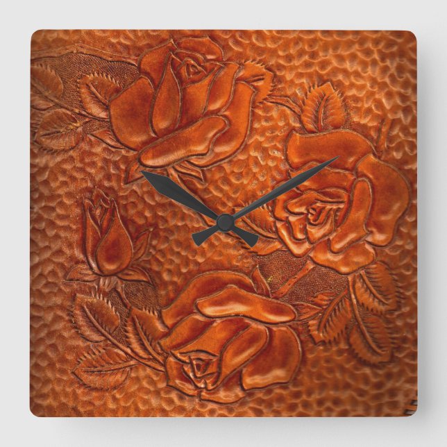 Tooled Western Leather Roses Clock (Front)