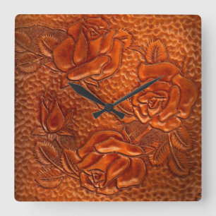Tooled Western Leather Roses Clock