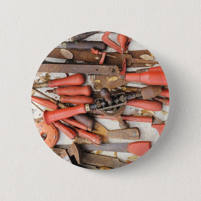 Tools Antique Rustic Red Man Tool 2 Inch Round Button (Front)