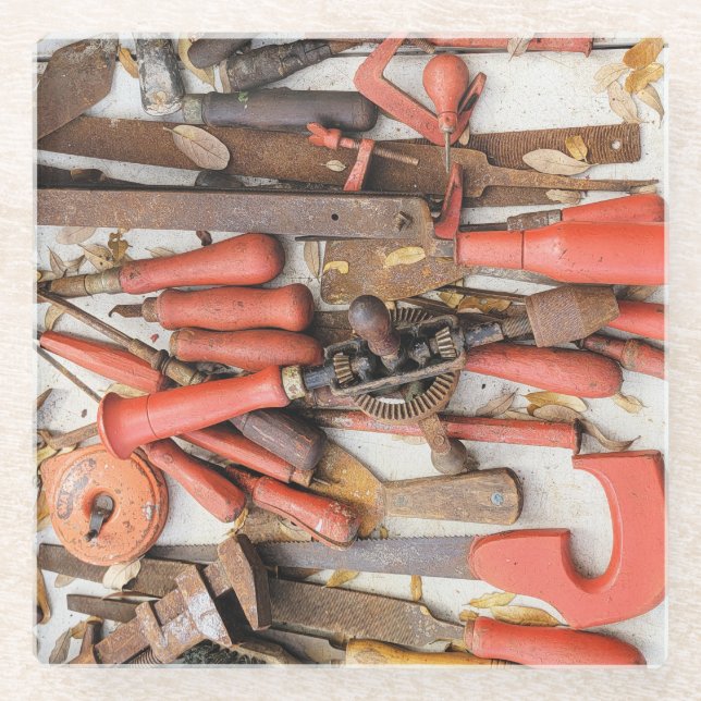 Tools Antique Rustic Red Man Tool Glass Coaster (Front)
