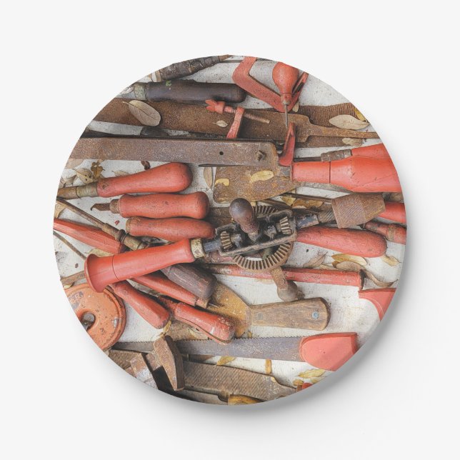 Tools Antique Rustic Red Man Tool Paper Plate (Front)