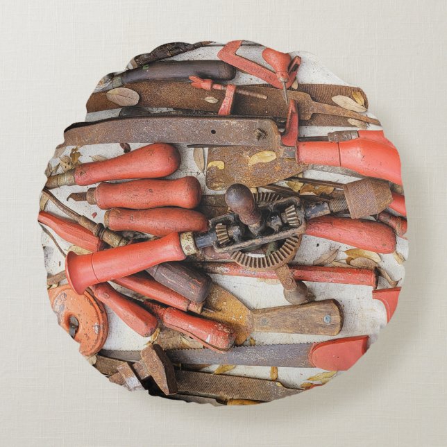 Tools Antique Rustic Red Man Tool Round Pillow (Front)