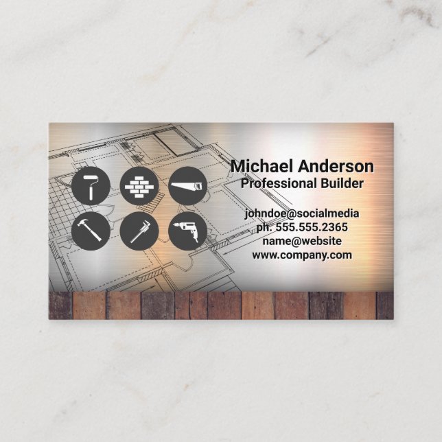 Tools | Construction Blueprints | Metal Wood Business Card (Front)
