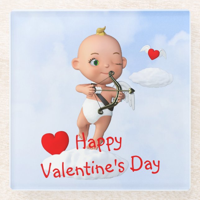 Toon Baby Cupid Flying with a Bow and Arrow Glass Coaster (Front)