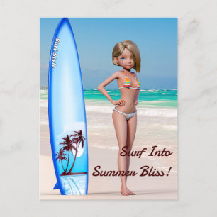 Toon Surfer Girl Posing on the Seashore Postcard