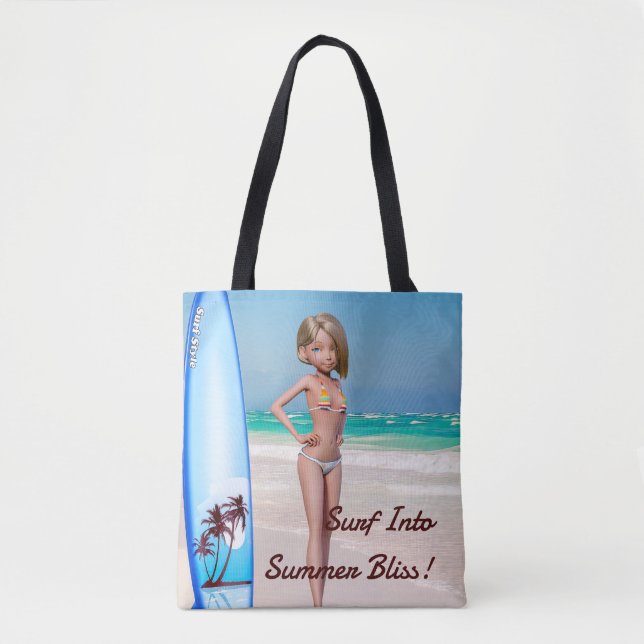 Toon Surfer Girl Posing on the Seashore Tote Bag (Front)