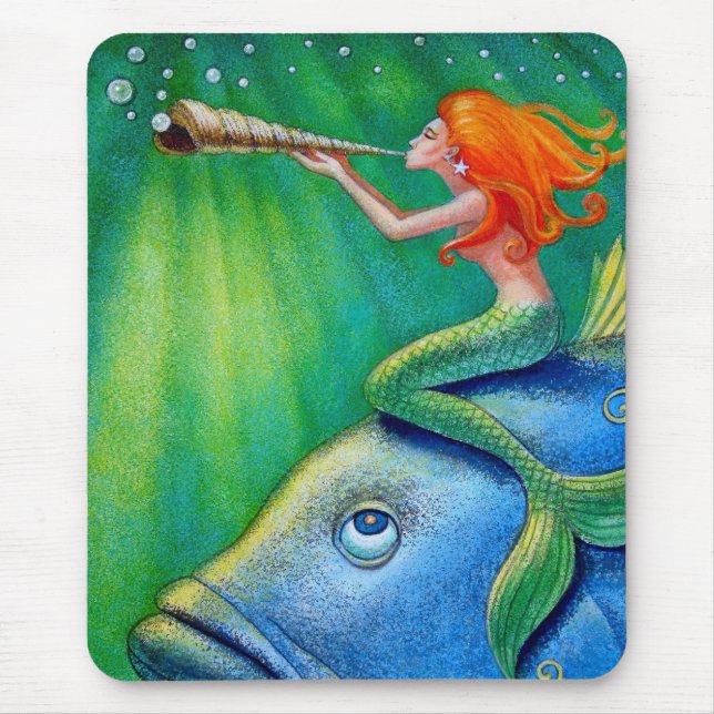 Toot Your Seashell Mermaid! Fantasy Art Mousepad (Front)