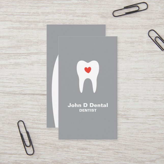 Tooth and heart grey dental dentist business card (Front/Back In Situ)
