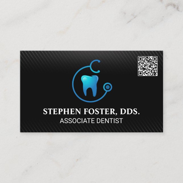 Tooth Doctor Logo | QR Code | Black Pattern Business Card (Front)