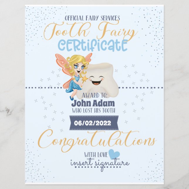 Tooth Fairy Certificate for boys Nursery Sign  (Front)