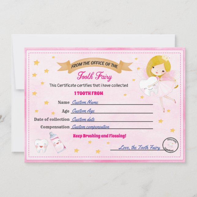Tooth Fairy Certificate Lost tooth receipt Invitation (Front)
