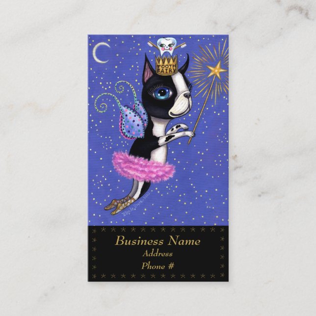 Tooth Fairy Dog Boston Terrier Pink Tutu Crown Business Card (Front)