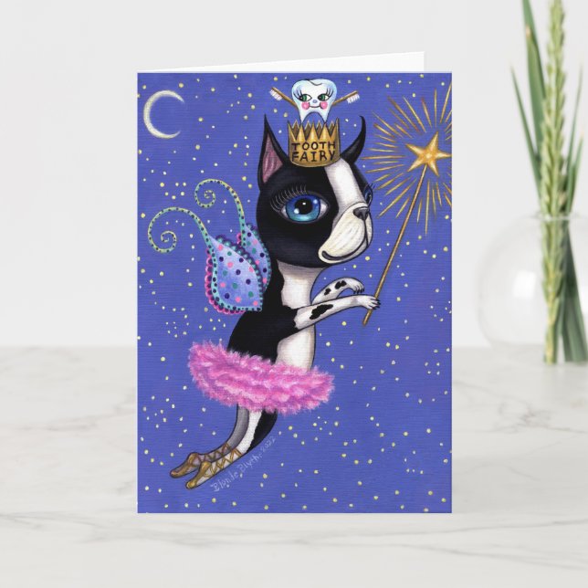 Tooth Fairy Dog Boston Terrier Pink Tutu Crown Card (Front)