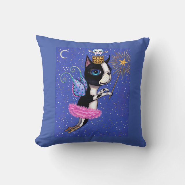 Tooth Fairy Dog Boston Terrier Pink Tutu Crown Throw Pillow (Front)
