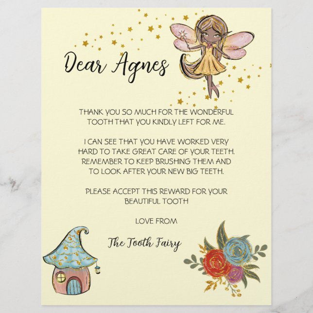 Tooth Fairy Letter, Personalized Tooth Fairy Card (Front)