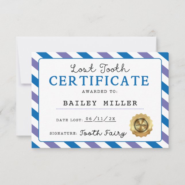 Tooth Fairy Lost Tooth Certification Printable  Invitation (Front)