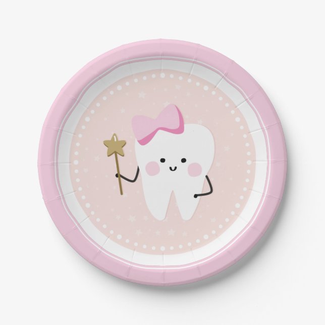 Tooth Fairy pink white party decor. Paper Plate (Front)