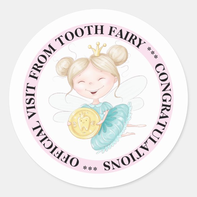 Tooth fairy princess gold coin tooth imprint pink classic round sticker (Front)
