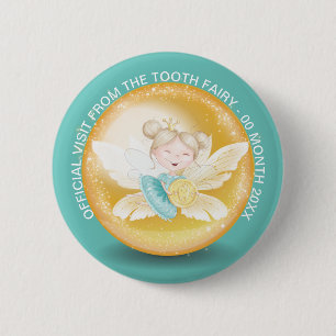 Tooth fairy princess with gold coin shimmer teal 2 inch round button