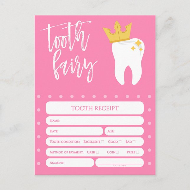Tooth fairy receipt Lost Tooth Girls Pink Invitation Postcard (Front)