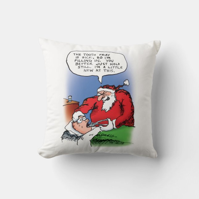 Tooth Fairy Santa Funny Christmas Cartoon Throw Pillow (Front)