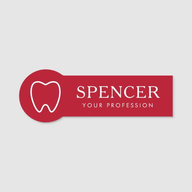 Tooth outline red dentist dental clinic name tag (Front)