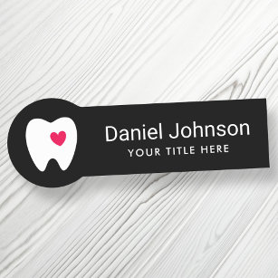Tooth with red heart black dentist dental name tag