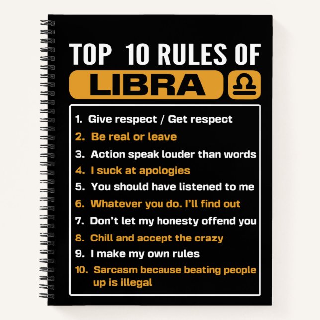 Top 10 rRules Of libra, Libra Facts Traits Rules Notebook (Front)