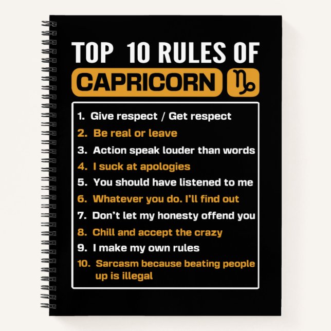 Top 10 Rules Of Capricorn, Capricorn Facts Traits Notebook (Front)