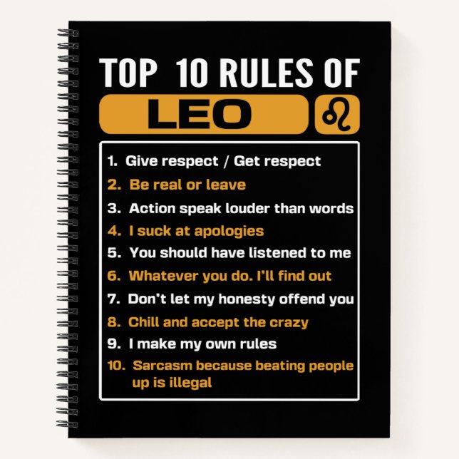 Top 10 Rules Of Leo, Leo Facts Traits Notebook (Front)