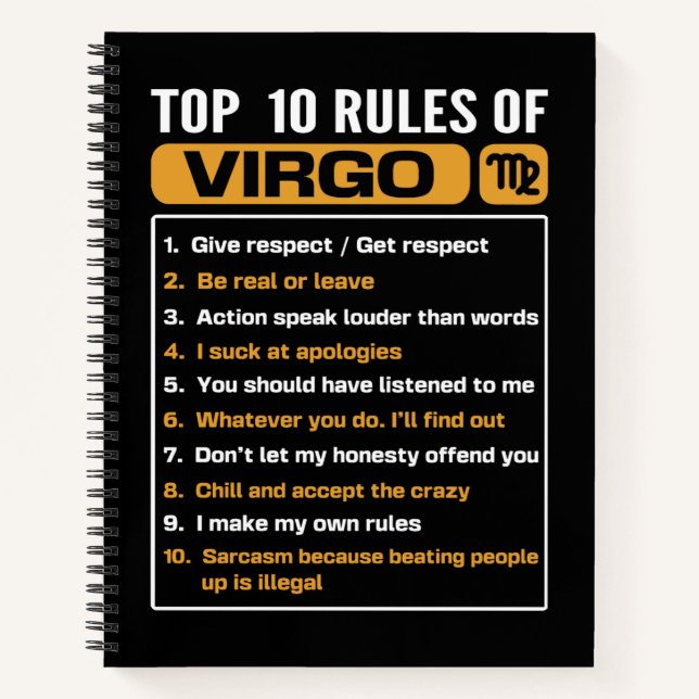 Top 10 rules of Virgo, Funny Virgo Facts, Zodiac A Notebook (Front)