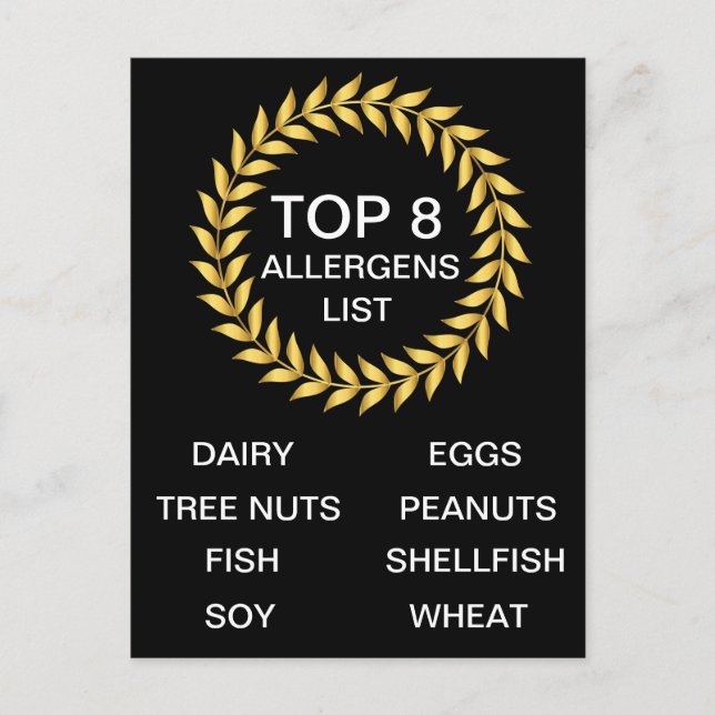 Top 8 Allergens List Food Allergy Awareness Postcard (Front)