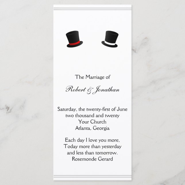 Top Chapeaux et Bow Cravates Gay Wedding Programme (Devant)