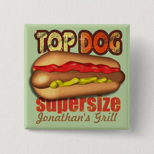 Top Dog Hotdog Personalized 2 Inch Square Button (Front)