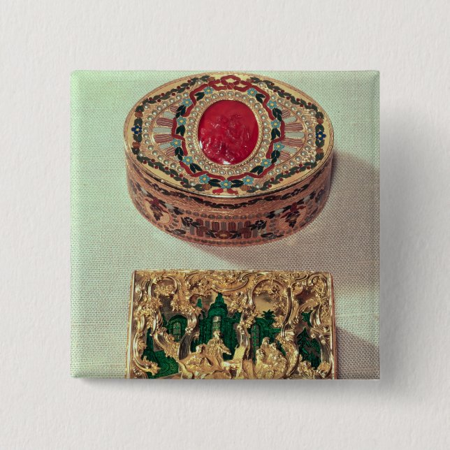 Top: Gold snuffbox inlaid with various stones 2 Inch Square Button (Front)