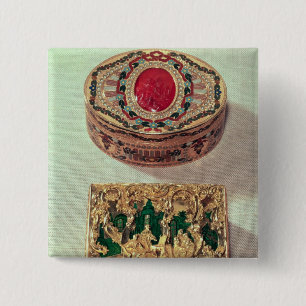 Top: Gold snuffbox inlaid with various stones 2 Inch Square Button