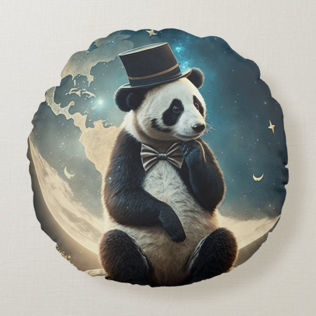 Top Hat Moon Panda Round Pillow (Front)