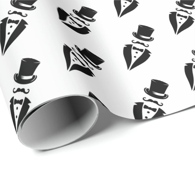 Top Hat Tuxedo Moustache Wedding Wrapping Paper (Roll Corner)