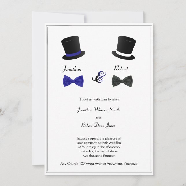Top Hats and Bow Cravates Blue Gay Faire-part de m (Devant)