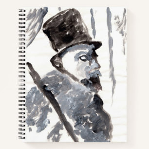 Top-hatted gentleman in black and grey spiral notebook